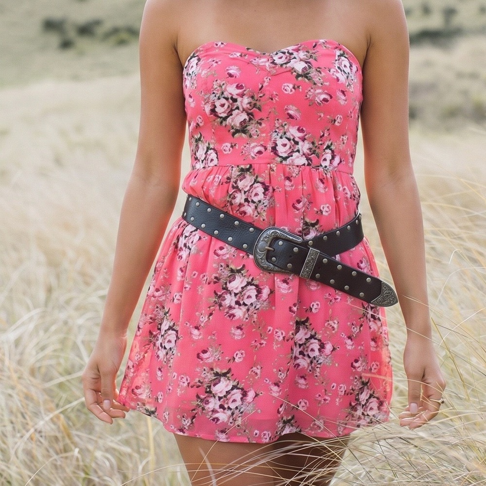 Xhilaration Romantic Pinup Coral Floral Sweetheart Neckline Stralless Dress S/M